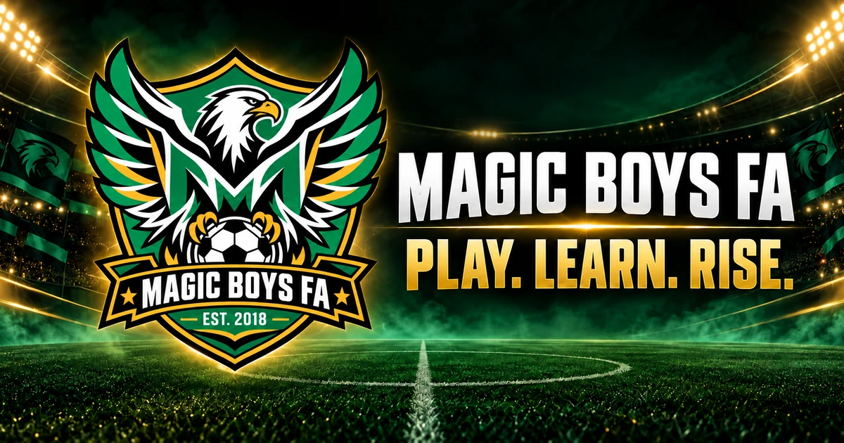 Magic Boys Football Academy crest and the words Play. Learn. Rise.